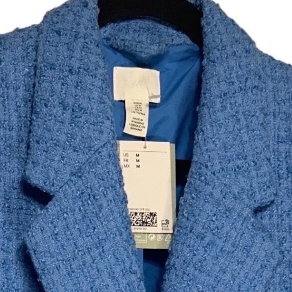 HM Blue Tweed Double Breasted Blazer‎ Gold Button Boucle Jacket Size M New